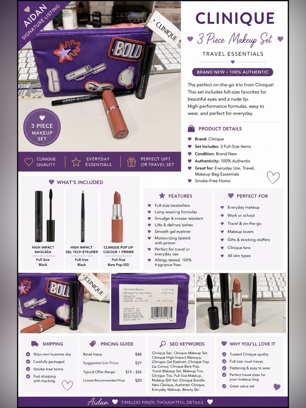 Clinique 4 Piece Set - Mascara, Eyeliner, Lipstick & Cosmetic Bag New - Picture 2 of 2